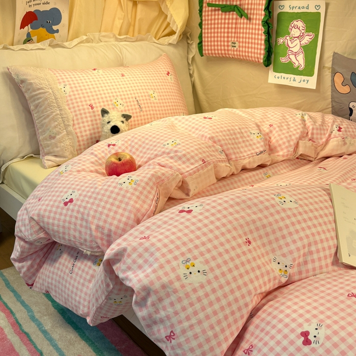 91家纺网 家纺一手货源 找家纺 澜妃 2025新款糯叽叽水洗棉全棉蕾丝花边宿舍床上下铺三件套-艾意系列 艾意-宅宅猫爪