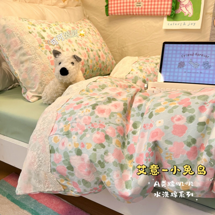 91家纺网 家纺一手货源 找家纺 （总）澜妃 2025新款糯叽叽水洗棉全棉蕾丝花边宿舍床上下铺三件套-艾意系列