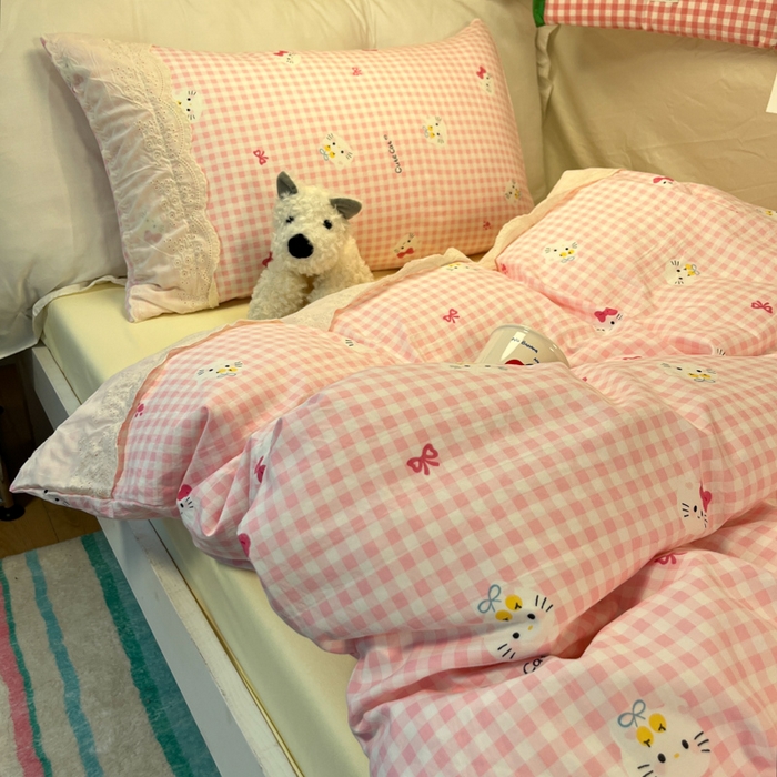 91家纺网 家纺一手货源 找家纺 澜妃 2025新款糯叽叽水洗棉全棉蕾丝花边宿舍床上下铺三件套-艾意系列 艾意-宅宅猫爪