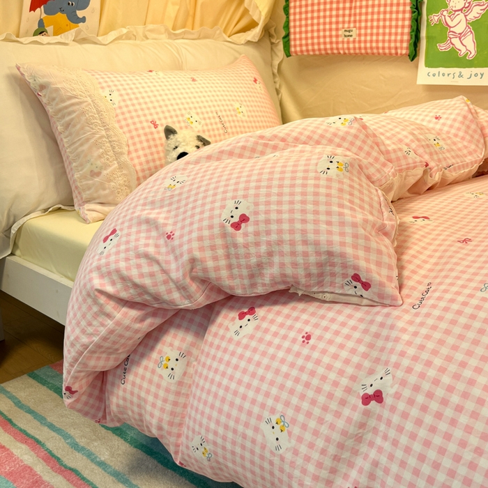 91家纺网 家纺一手货源 找家纺 澜妃 2025新款糯叽叽水洗棉全棉蕾丝花边宿舍床上下铺三件套-艾意系列 艾意-宅宅猫爪