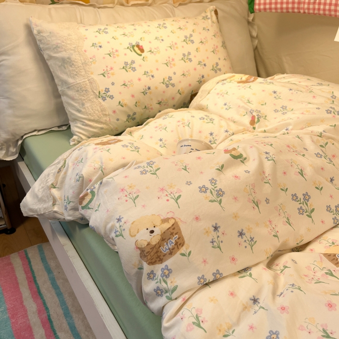 91家纺网 家纺一手货源 找家纺 澜妃 2025新款糯叽叽水洗棉全棉蕾丝花边宿舍床上下铺三件套-艾意系列 艾意-午后时光