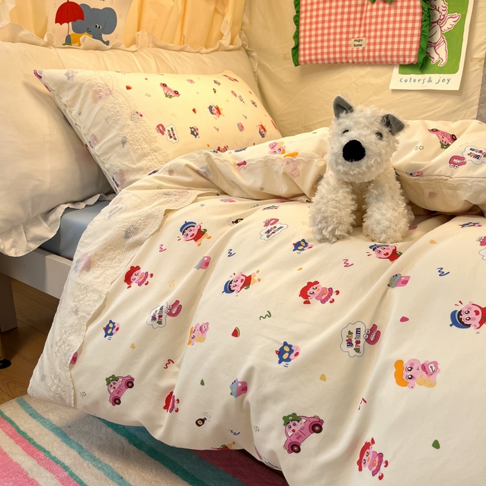 91家纺网 家纺一手货源 找家纺 澜妃 2025新款糯叽叽水洗棉全棉蕾丝花边宿舍床上下铺三件套-艾意系列 艾意-小新控