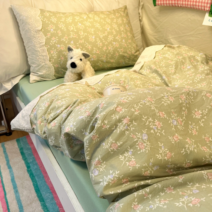 91家纺网 家纺一手货源 找家纺 澜妃 2025新款糯叽叽水洗棉全棉蕾丝花边宿舍床上下铺三件套-艾意系列 艾意-春江雾