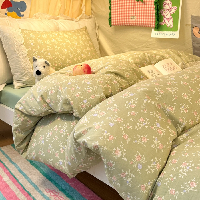 91家纺网 家纺一手货源 找家纺 澜妃 2025新款糯叽叽水洗棉全棉蕾丝花边宿舍床上下铺三件套-艾意系列 艾意-春江雾