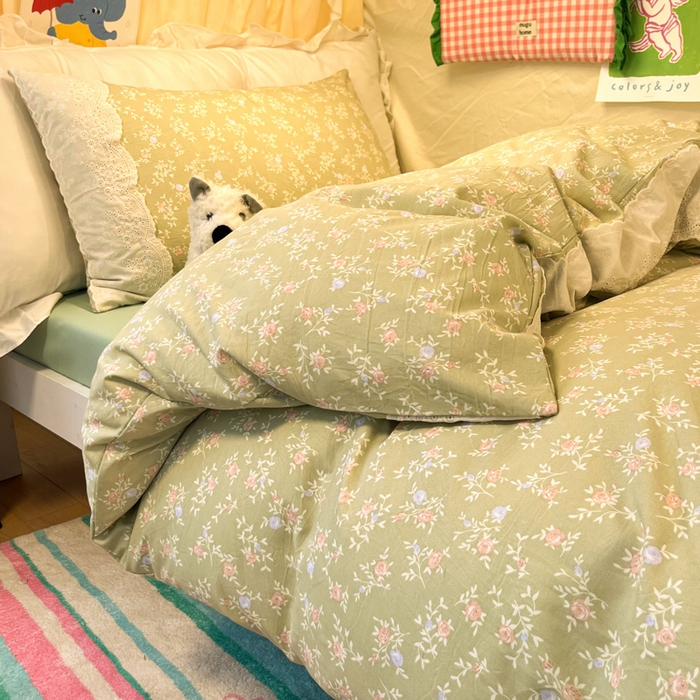 91家纺网 家纺一手货源 找家纺 澜妃 2025新款糯叽叽水洗棉全棉蕾丝花边宿舍床上下铺三件套-艾意系列 艾意-春江雾