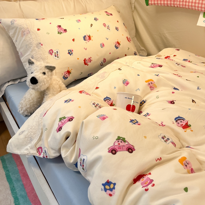 91家纺网 家纺一手货源 找家纺 澜妃 2025新款糯叽叽水洗棉全棉蕾丝花边宿舍床上下铺三件套-艾意系列 艾意-小新控