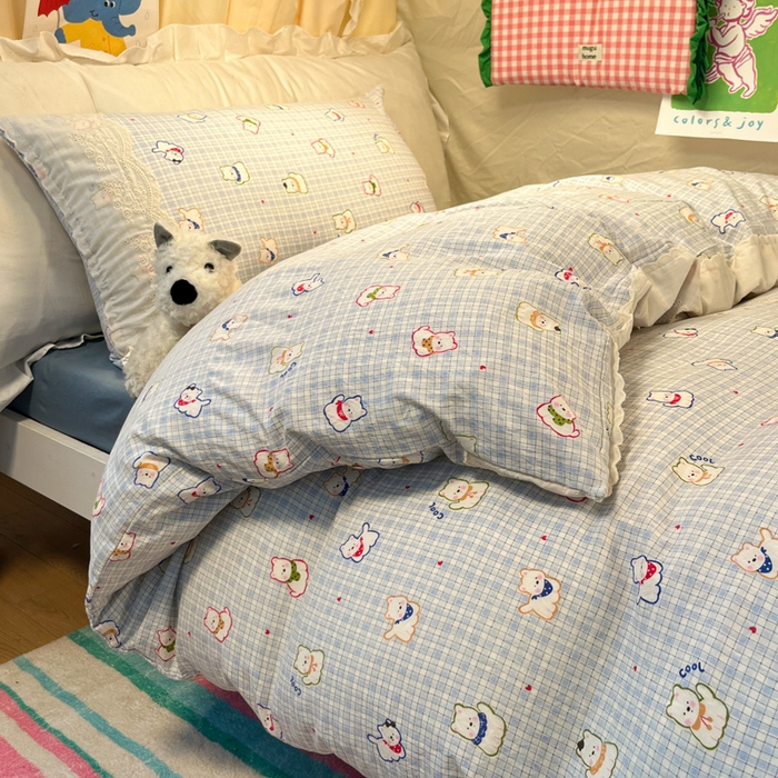 91家纺网 家纺一手货源 找家纺 澜妃 2025新款糯叽叽水洗棉全棉蕾丝花边宿舍床上下铺三件套-艾意系列 艾意-特萌西高地