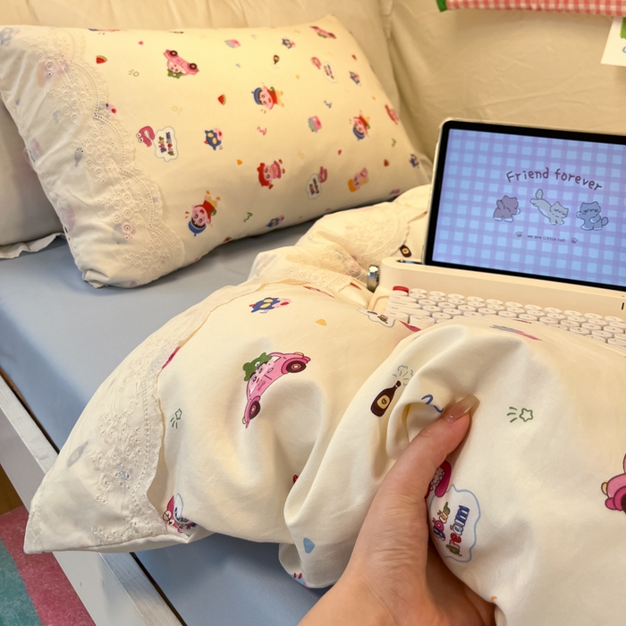 91家纺网 家纺一手货源 找家纺 澜妃 2025新款糯叽叽水洗棉全棉蕾丝花边宿舍床上下铺三件套-艾意系列 艾意-小新控