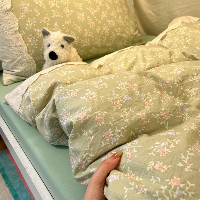 91家纺网 家纺一手货源 找家纺 澜妃 2025新款糯叽叽水洗棉全棉蕾丝花边宿舍床上下铺三件套-艾意系列 艾意-春江雾