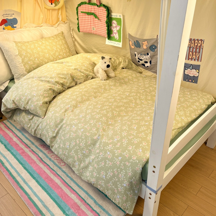 91家纺网 家纺一手货源 找家纺 澜妃 2025新款糯叽叽水洗棉全棉蕾丝花边宿舍床上下铺三件套-艾意系列 艾意-春江雾