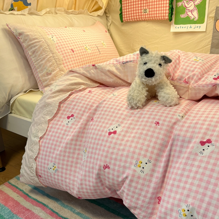 91家纺网 家纺一手货源 找家纺 澜妃 2025新款糯叽叽水洗棉全棉蕾丝花边宿舍床上下铺三件套-艾意系列 艾意-宅宅猫爪