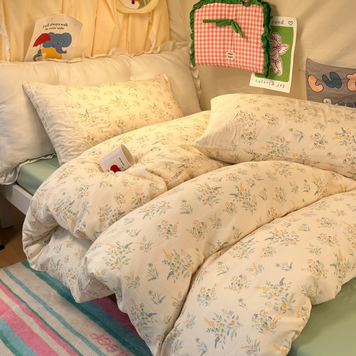 91家纺网 家纺一手货源 找家纺 澜妃 2025新款糯叽叽水洗棉全棉蕾丝花边宿舍床上下铺三件套-艾意系列 艾意-飘零