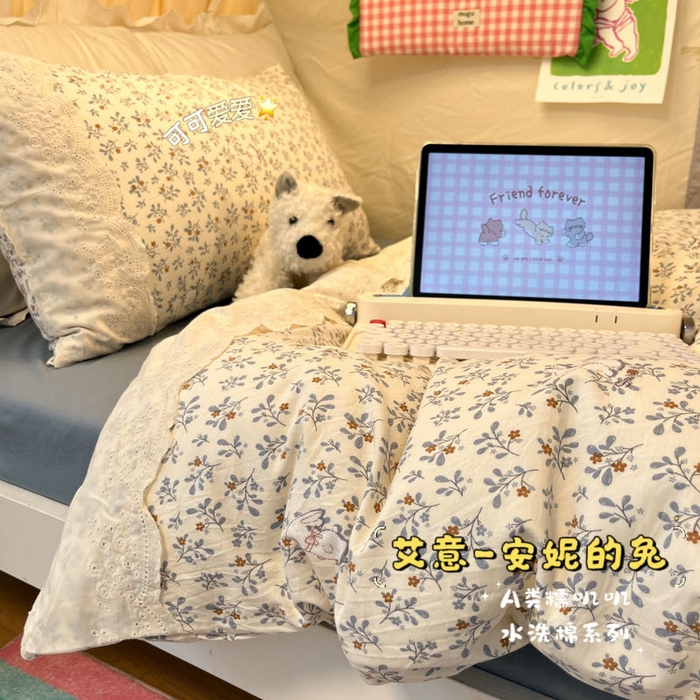 91家纺网 家纺一手货源 找家纺 （总）澜妃 2025新款糯叽叽水洗棉全棉蕾丝花边宿舍床上下铺三件套-艾意系列