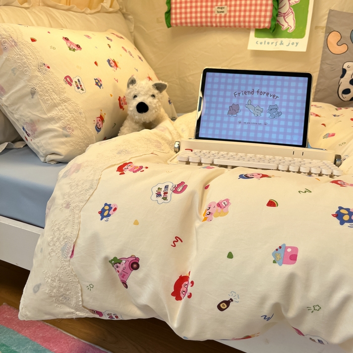 91家纺网 家纺一手货源 找家纺 澜妃 2025新款糯叽叽水洗棉全棉蕾丝花边宿舍床上下铺三件套-艾意系列 艾意-小新控