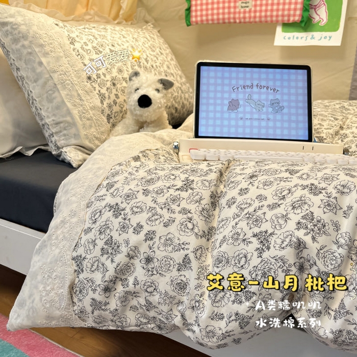 91家纺网 家纺一手货源 找家纺 （总）澜妃 2025新款糯叽叽水洗棉全棉蕾丝花边宿舍床上下铺三件套-艾意系列