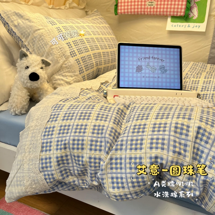 91家纺网 家纺一手货源 找家纺 （总）澜妃 2025新款糯叽叽水洗棉全棉蕾丝花边宿舍床上下铺三件套-艾意系列