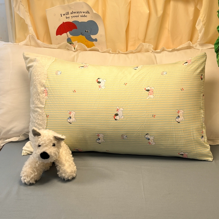 91家纺网 家纺一手货源 找家纺 澜妃 2025新款糯叽叽水洗棉全棉蕾丝花边宿舍床上下铺三件套-艾意系列 艾意-小狗心情