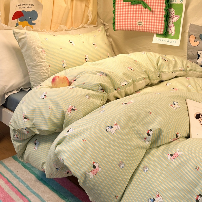 91家纺网 家纺一手货源 找家纺 澜妃 2025新款糯叽叽水洗棉全棉蕾丝花边宿舍床上下铺三件套-艾意系列 艾意-小狗心情