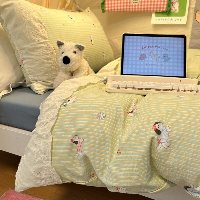 91家纺网 家纺一手货源 找家纺 澜妃 2025新款糯叽叽水洗棉全棉蕾丝花边宿舍床上下铺三件套-艾意系列 艾意-小狗心情