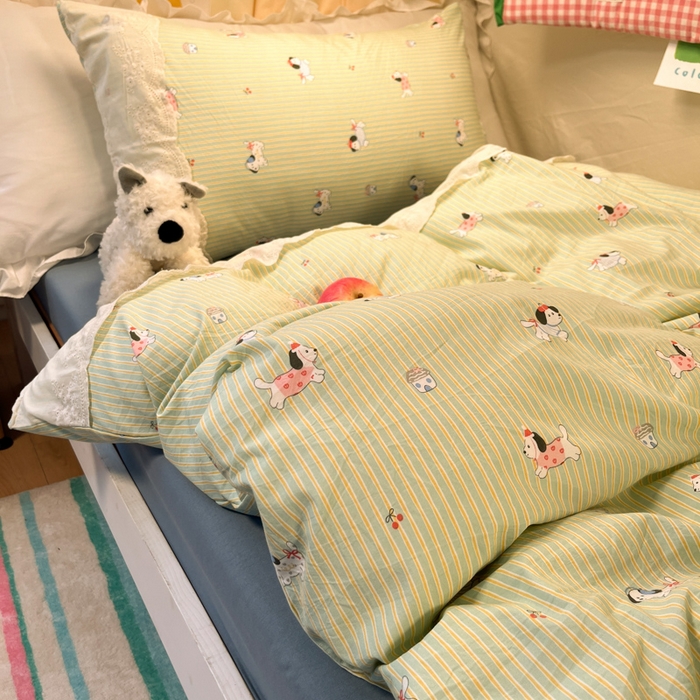 91家纺网 家纺一手货源 找家纺 澜妃 2025新款糯叽叽水洗棉全棉蕾丝花边宿舍床上下铺三件套-艾意系列 艾意-小狗心情