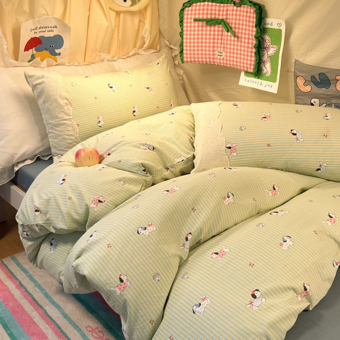 91家纺网 家纺一手货源 找家纺 澜妃 2025新款糯叽叽水洗棉全棉蕾丝花边宿舍床上下铺三件套-艾意系列 艾意-小狗心情