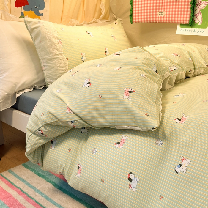 91家纺网 家纺一手货源 找家纺 澜妃 2025新款糯叽叽水洗棉全棉蕾丝花边宿舍床上下铺三件套-艾意系列 艾意-小狗心情