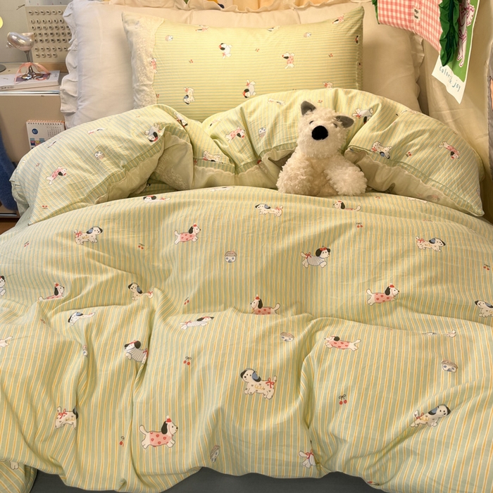 91家纺网 家纺一手货源 找家纺 澜妃 2025新款糯叽叽水洗棉全棉蕾丝花边宿舍床上下铺三件套-艾意系列 艾意-小狗心情