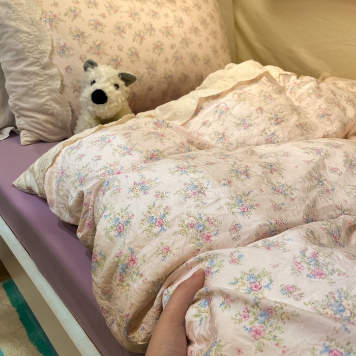 91家纺网 家纺一手货源 找家纺 澜妃 2025新款糯叽叽水洗棉全棉蕾丝花边宿舍床上下铺三件套-艾意系列 艾意-半路月亮