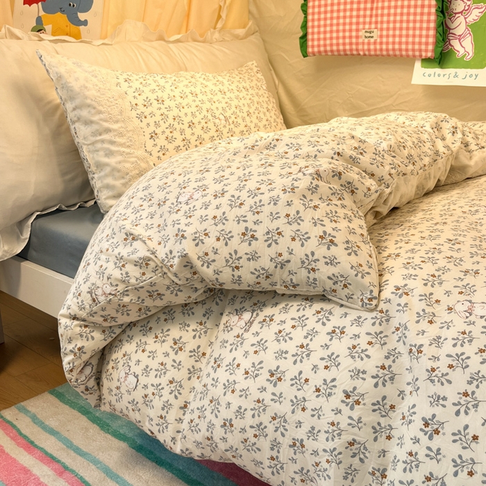 91家纺网 家纺一手货源 找家纺 澜妃 2025新款糯叽叽水洗棉全棉蕾丝花边宿舍床上下铺三件套-艾意系列 艾意-安妮的兔