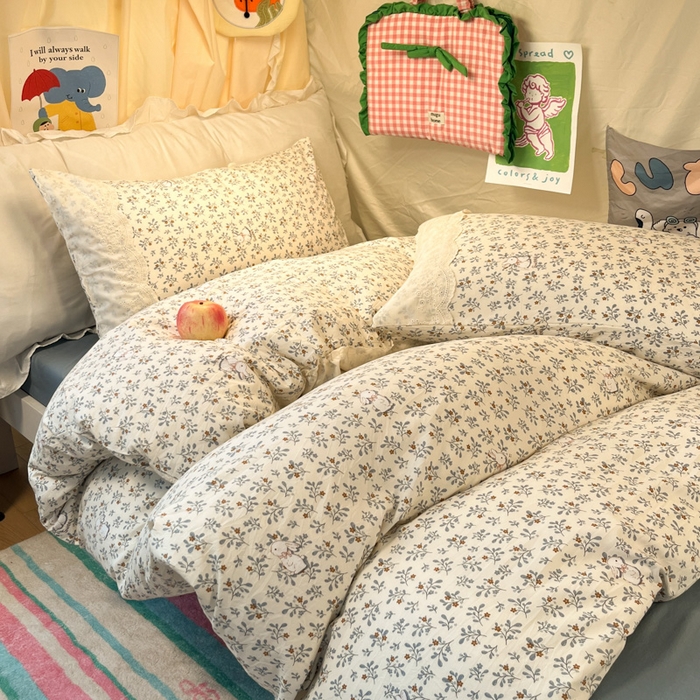 91家纺网 家纺一手货源 找家纺 澜妃 2025新款糯叽叽水洗棉全棉蕾丝花边宿舍床上下铺三件套-艾意系列 艾意-安妮的兔