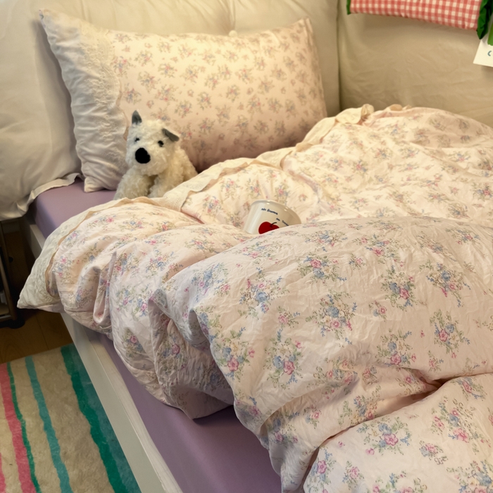 91家纺网 家纺一手货源 找家纺 澜妃 2025新款糯叽叽水洗棉全棉蕾丝花边宿舍床上下铺三件套-艾意系列 艾意-半路月亮