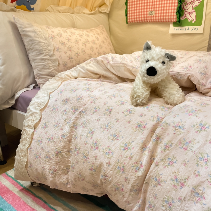 91家纺网 家纺一手货源 找家纺 澜妃 2025新款糯叽叽水洗棉全棉蕾丝花边宿舍床上下铺三件套-艾意系列 艾意-半路月亮