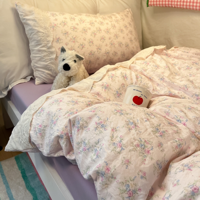 91家纺网 家纺一手货源 找家纺 澜妃 2025新款糯叽叽水洗棉全棉蕾丝花边宿舍床上下铺三件套-艾意系列 艾意-半路月亮