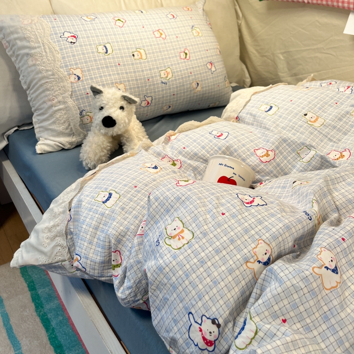 91家纺网 家纺一手货源 找家纺 澜妃 2025新款糯叽叽水洗棉全棉蕾丝花边宿舍床上下铺三件套-艾意系列 艾意-特萌西高地