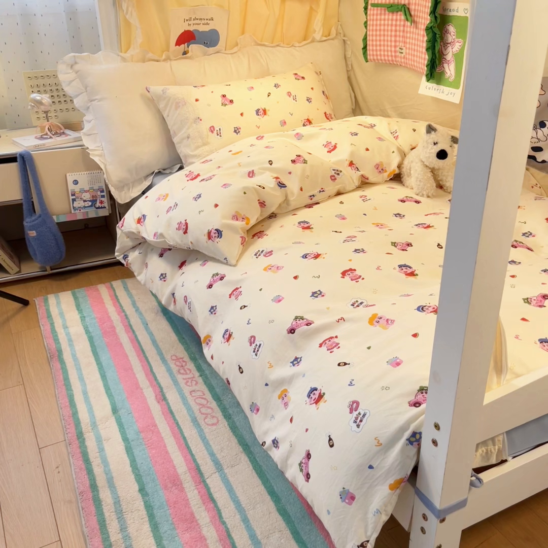 91家纺网 家纺一手货源 找家纺 澜妃 2025新款糯叽叽水洗棉全棉蕾丝花边宿舍床上下铺三件套-艾意系列 艾意-小新控