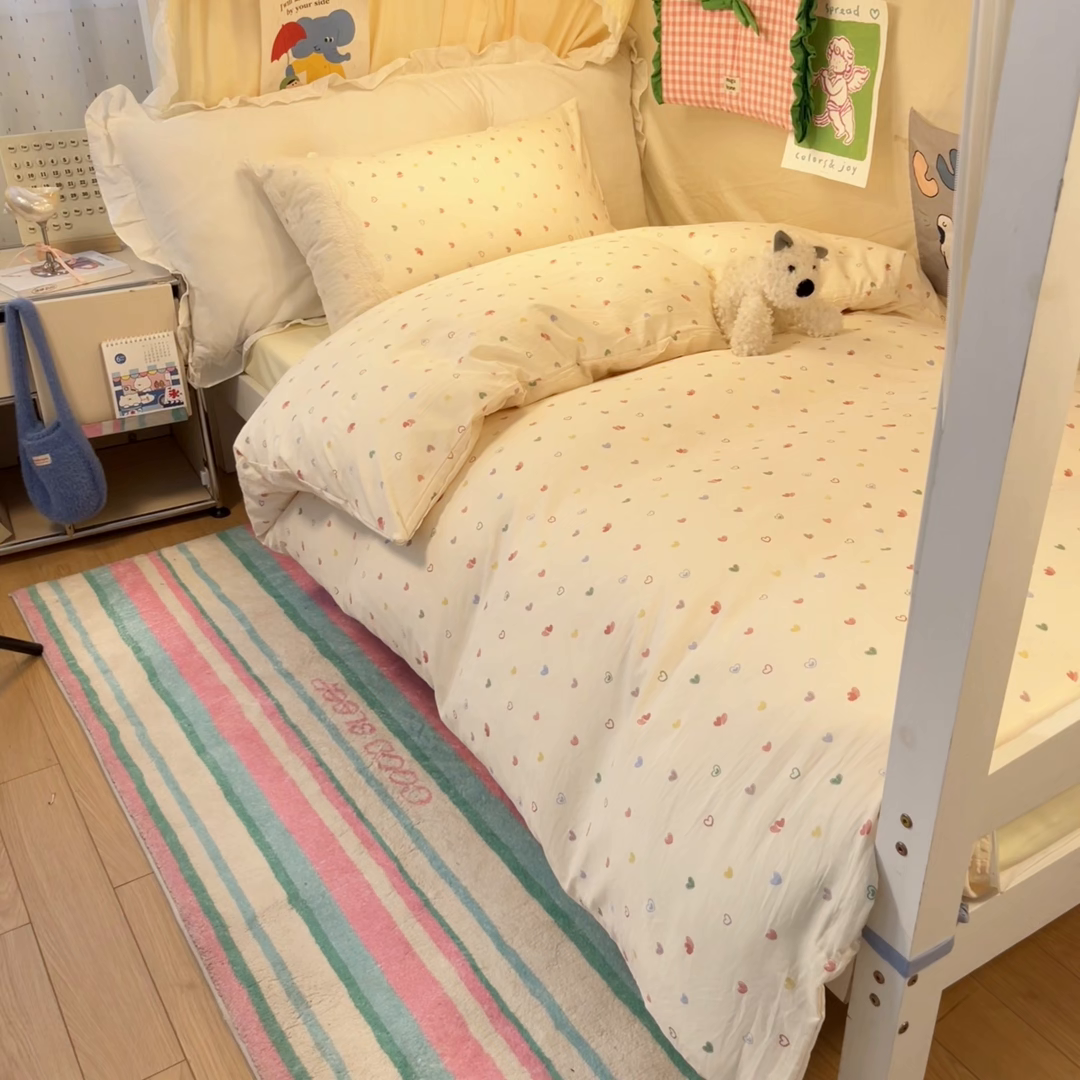 91家纺网 家纺一手货源 找家纺 （总）澜妃 2025新款糯叽叽水洗棉全棉蕾丝花边宿舍床上下铺三件套-艾意系列