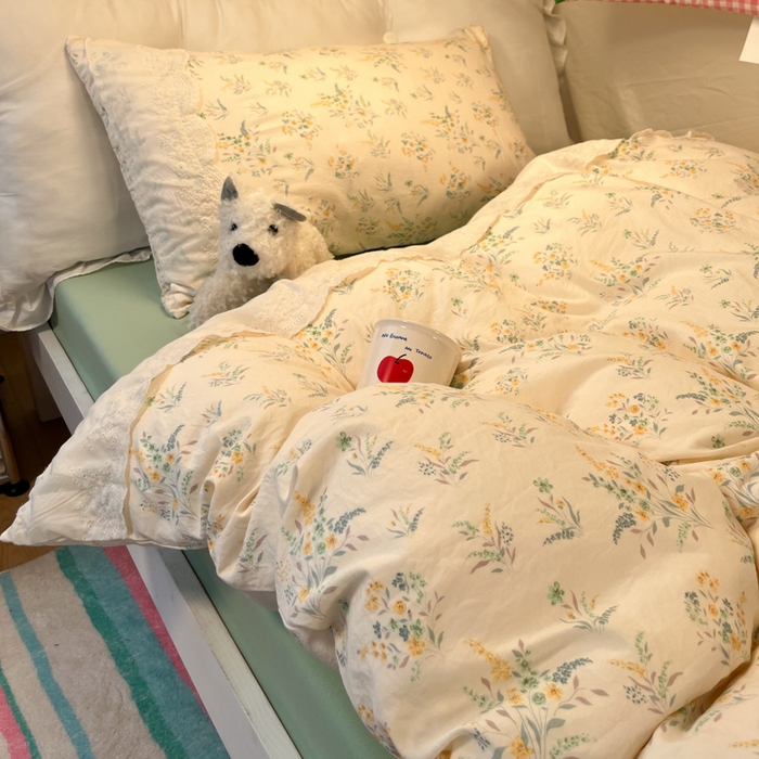 91家纺网 家纺一手货源 找家纺 澜妃 2025新款糯叽叽水洗棉全棉蕾丝花边宿舍床上下铺三件套-艾意系列 艾意-飘零