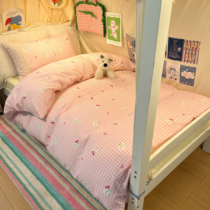 91家纺网 家纺一手货源 找家纺 澜妃 2025新款糯叽叽水洗棉全棉蕾丝花边宿舍床上下铺三件套-艾意系列 艾意-宅宅猫爪