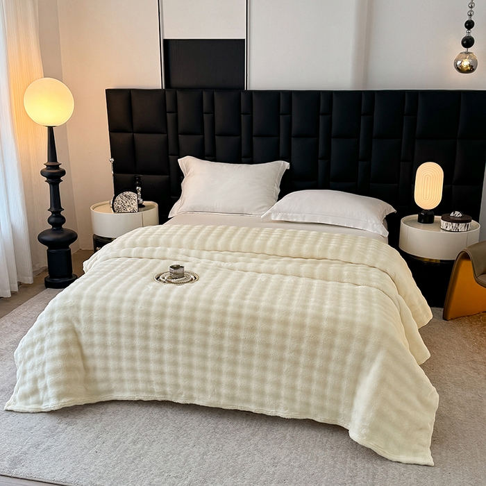 91家纺网 家纺一手货源 找家纺 乐窝家纺仓储 2025新款简约纯色泡泡毛毯毯子 泡泡纯色-米白