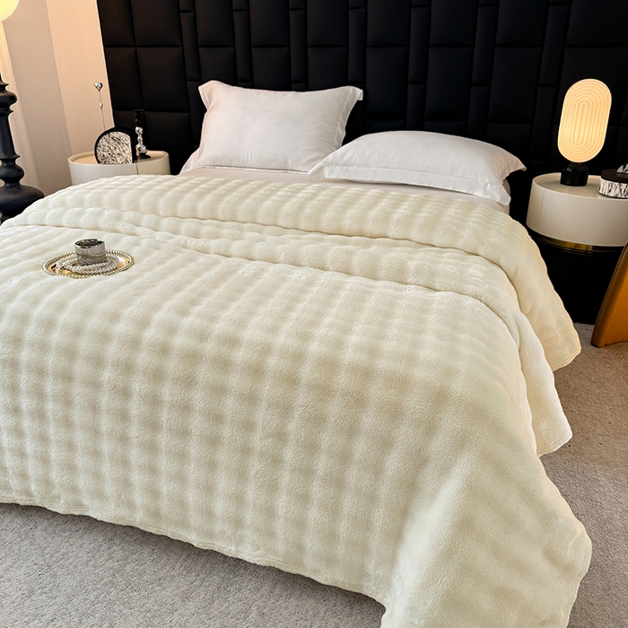 91家纺网 家纺一手货源 找家纺 乐窝家纺仓储 2025新款简约纯色泡泡毛毯毯子 泡泡纯色-米白