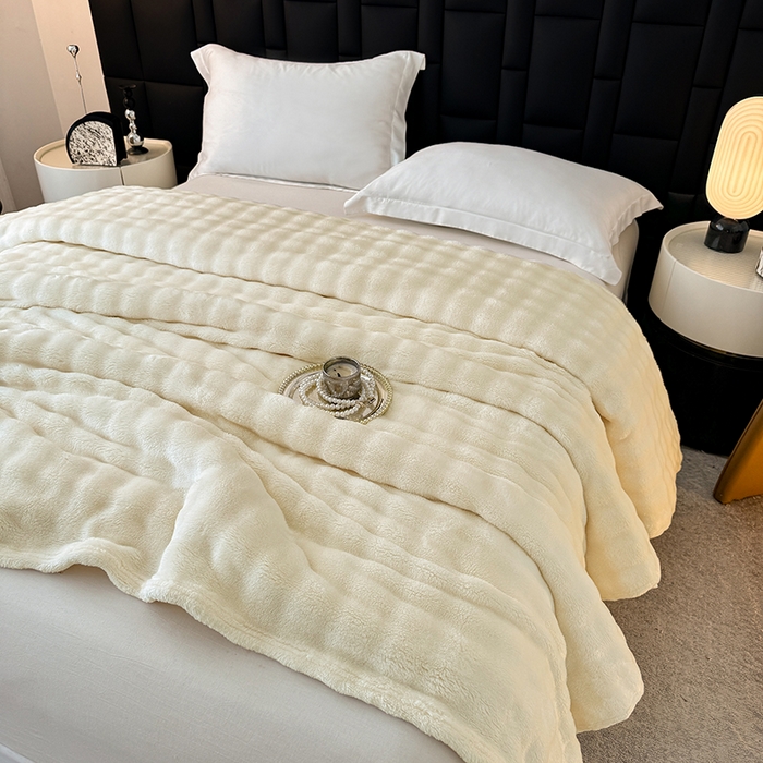 91家纺网 家纺一手货源 找家纺 乐窝家纺仓储 2025新款简约纯色泡泡毛毯毯子 泡泡纯色-米白