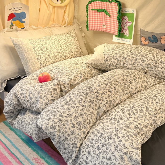 91家纺网 家纺一手货源 找家纺 澜妃 2025新款糯叽叽水洗棉全棉蕾丝花边宿舍床上下铺三件套-艾意系列 艾意-山月枇杷