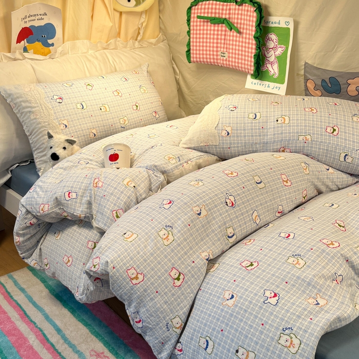 91家纺网 家纺一手货源 找家纺 澜妃 2025新款糯叽叽水洗棉全棉蕾丝花边宿舍床上下铺三件套-艾意系列 艾意-特萌西高地