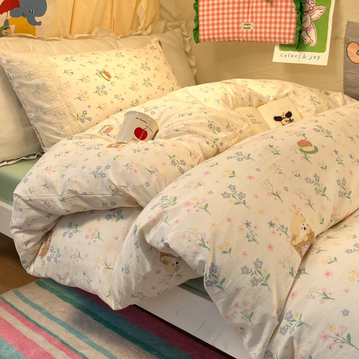 91家纺网 家纺一手货源 找家纺 澜妃 2025新款糯叽叽水洗棉全棉蕾丝花边宿舍床上下铺三件套-艾意系列 艾意-午后时光