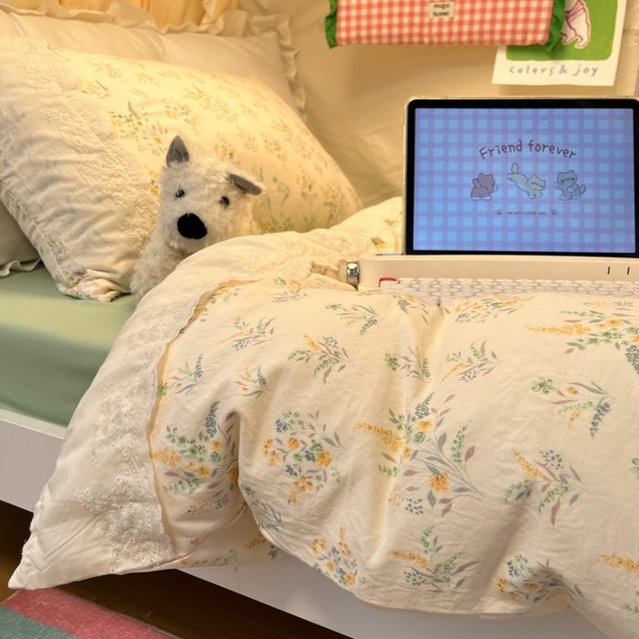 91家纺网 家纺一手货源 找家纺 澜妃 2025新款糯叽叽水洗棉全棉蕾丝花边宿舍床上下铺三件套-艾意系列 艾意-飘零