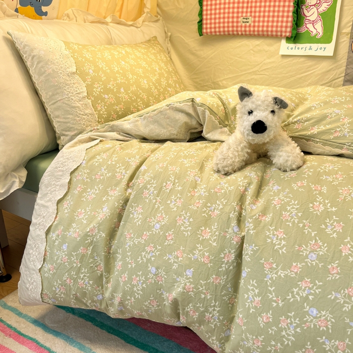 91家纺网 家纺一手货源 找家纺 澜妃 2025新款糯叽叽水洗棉全棉蕾丝花边宿舍床上下铺三件套-艾意系列 艾意-春江雾