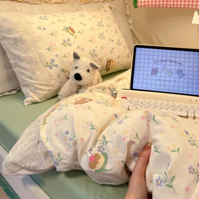 91家纺网 家纺一手货源 找家纺 澜妃 2025新款糯叽叽水洗棉全棉蕾丝花边宿舍床上下铺三件套-艾意系列 艾意-午后时光