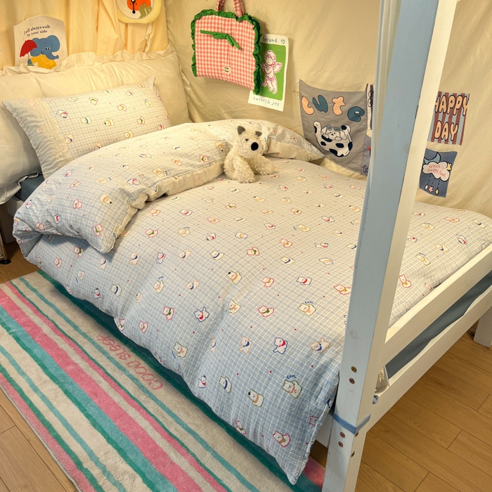 91家纺网 家纺一手货源 找家纺 澜妃 2025新款糯叽叽水洗棉全棉蕾丝花边宿舍床上下铺三件套-艾意系列 艾意-特萌西高地