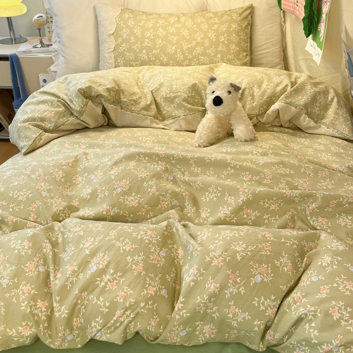 91家纺网 家纺一手货源 找家纺 澜妃 2025新款糯叽叽水洗棉全棉蕾丝花边宿舍床上下铺三件套-艾意系列 艾意-春江雾