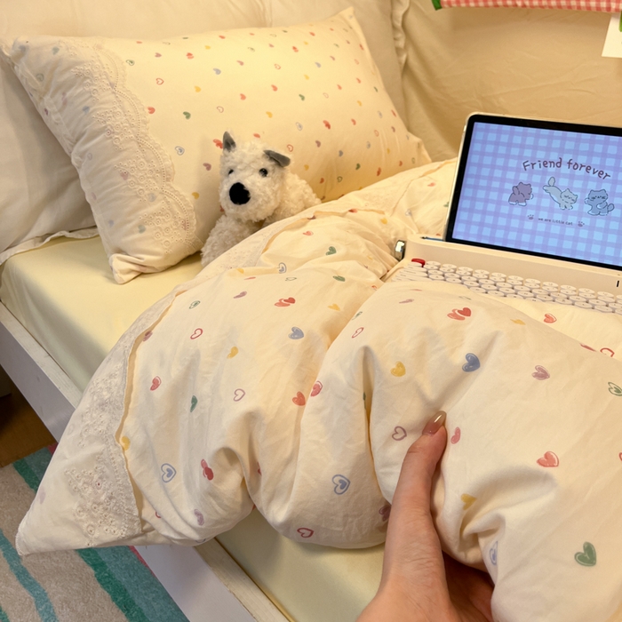 91家纺网 家纺一手货源 找家纺 （总）澜妃 2025新款糯叽叽水洗棉全棉蕾丝花边宿舍床上下铺三件套-艾意系列